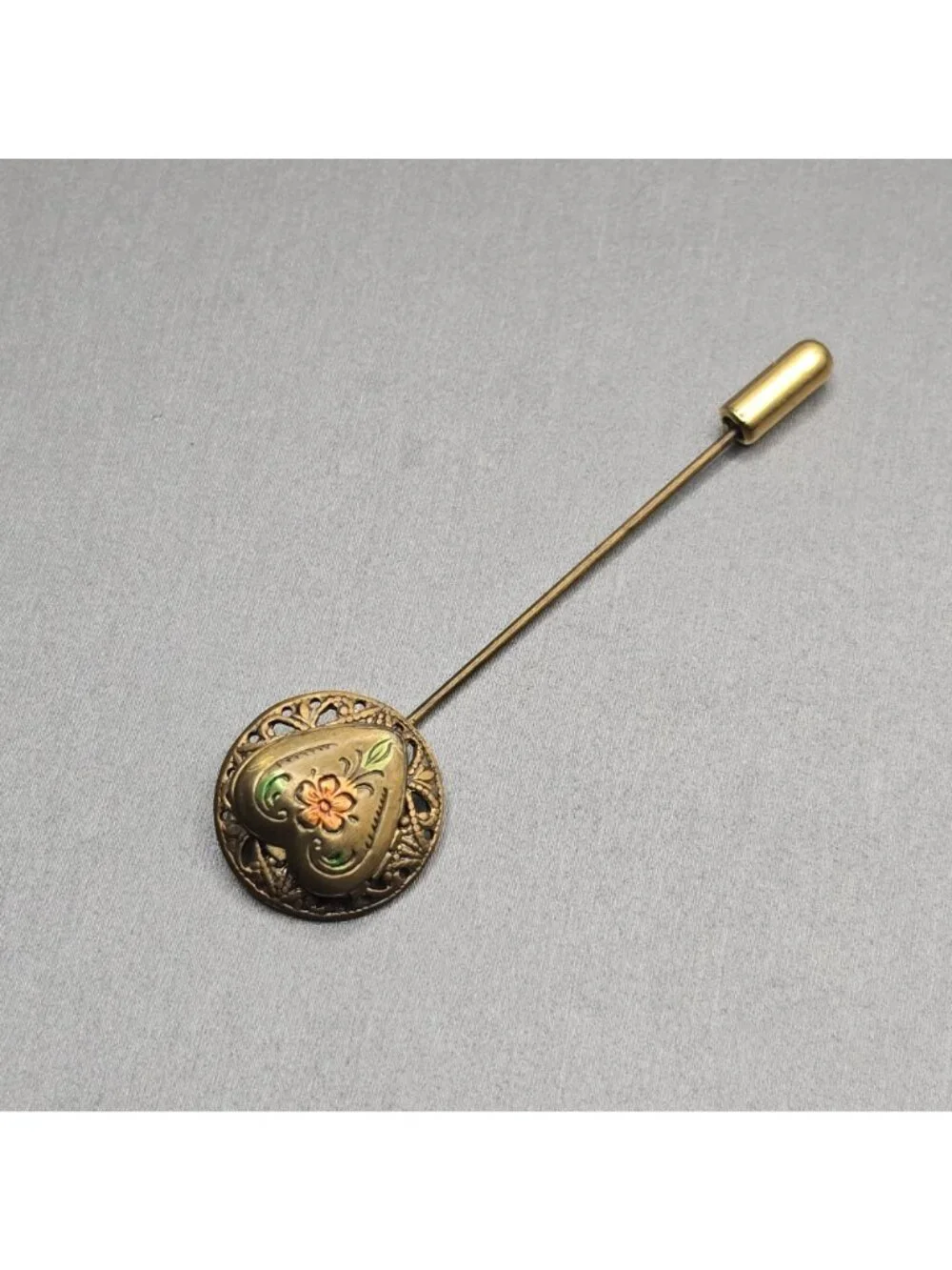 Vintage Victorian Revival Brass Heart Locket Stick Pin Enamel Floral Statement - Picture 2 of 12